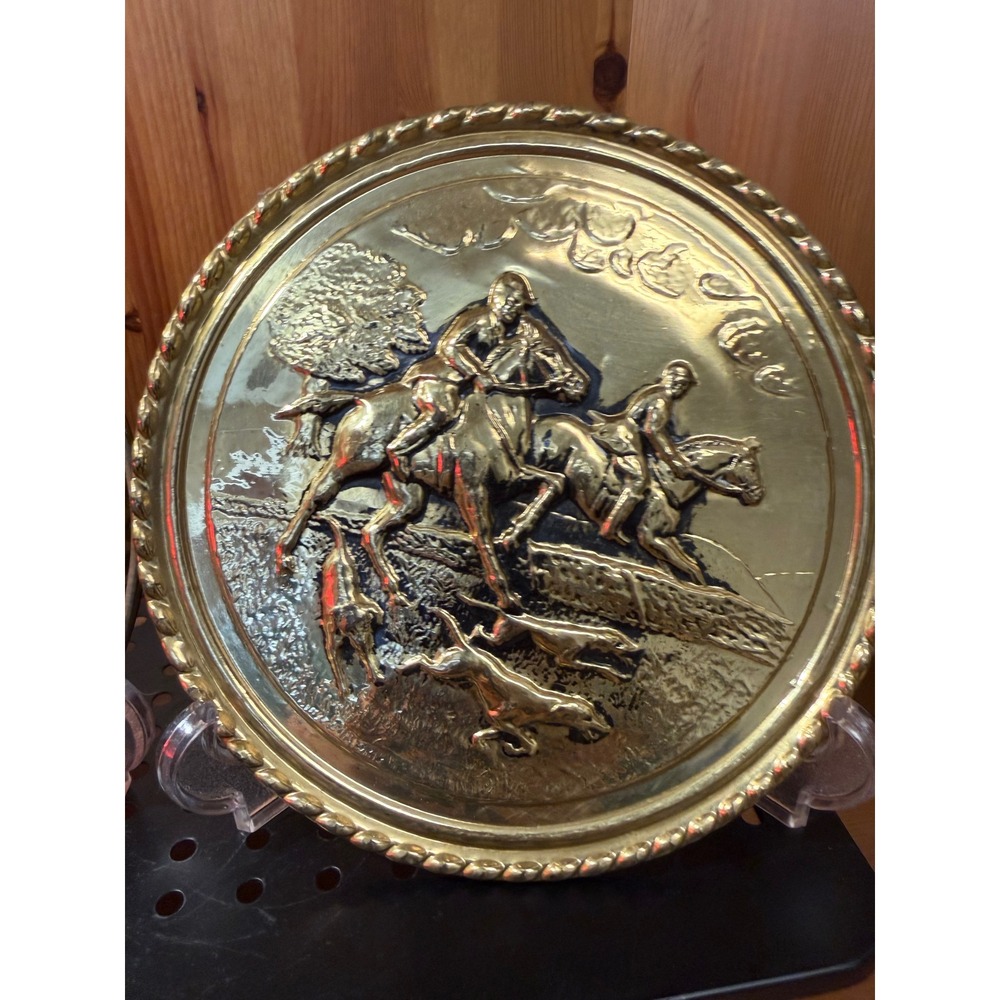 Vintage English Brass Fox Hunting Wall Plaques 8" Set of 2 Made in England - Picture 5 of 8